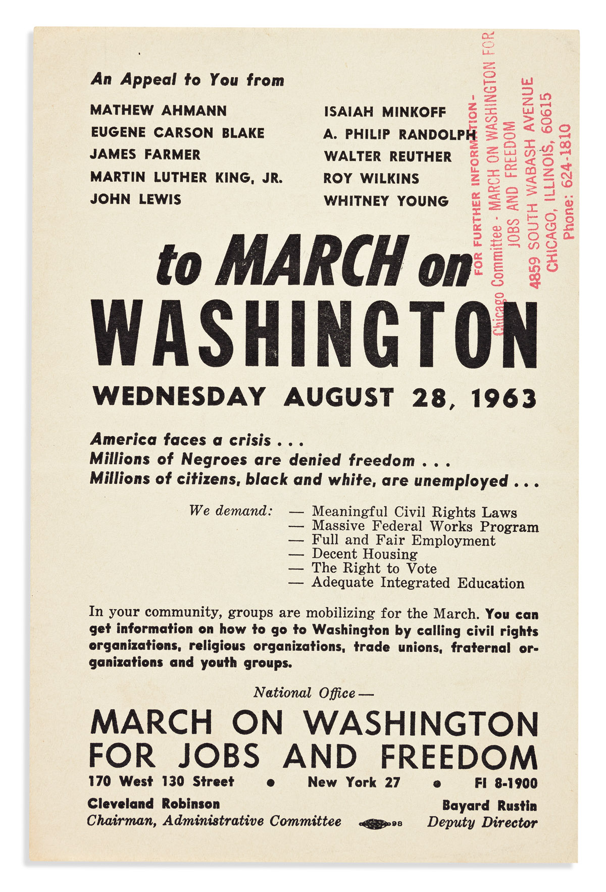 (CIVIL RIGHTS.) An Appeal to You . . . to March on Washington.